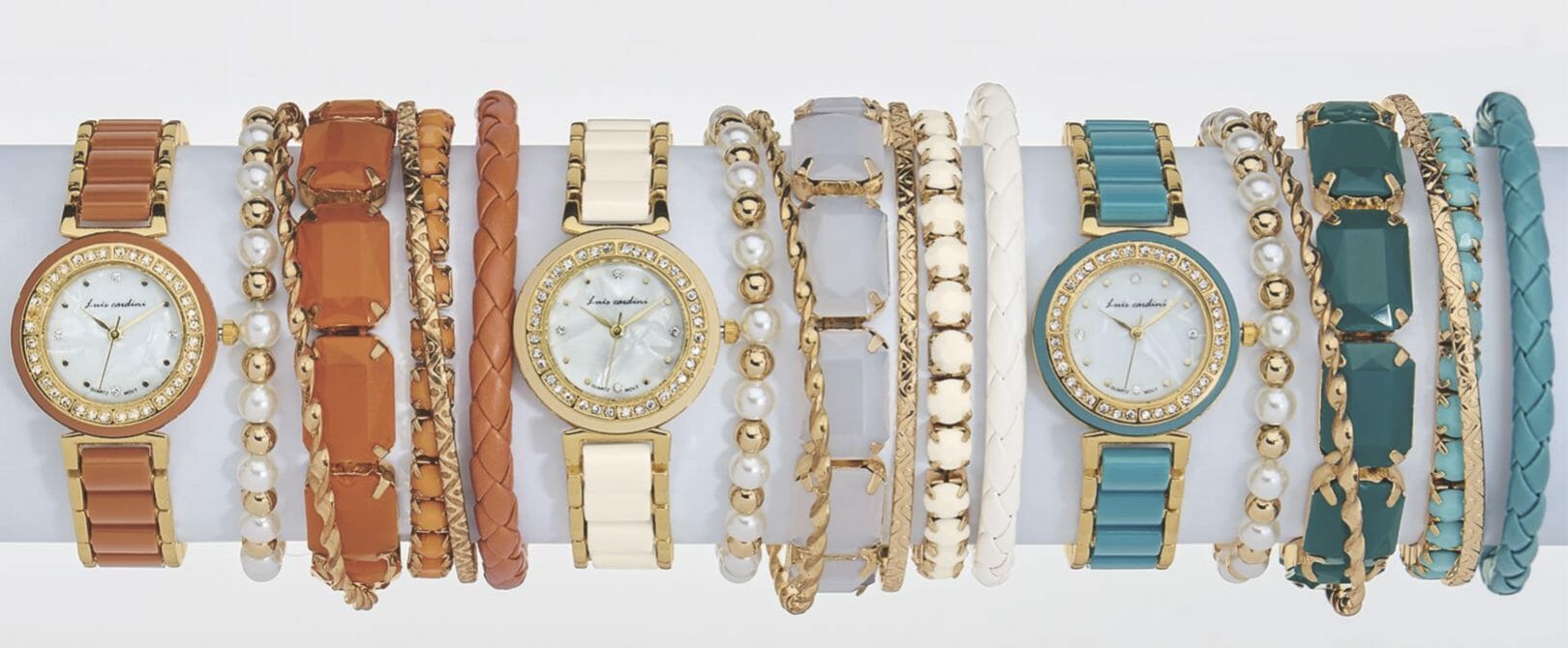 Three women's watch and six bracelet sets, one in ivory and gold, one in teal and gold, and one in sienna and gold.
