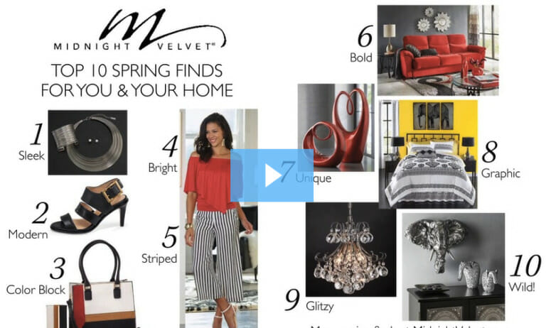 Midnight Velvet Top 10 Spring Finds For You & Your Home, With ten items including bedding, lighting, clothes and accessories.