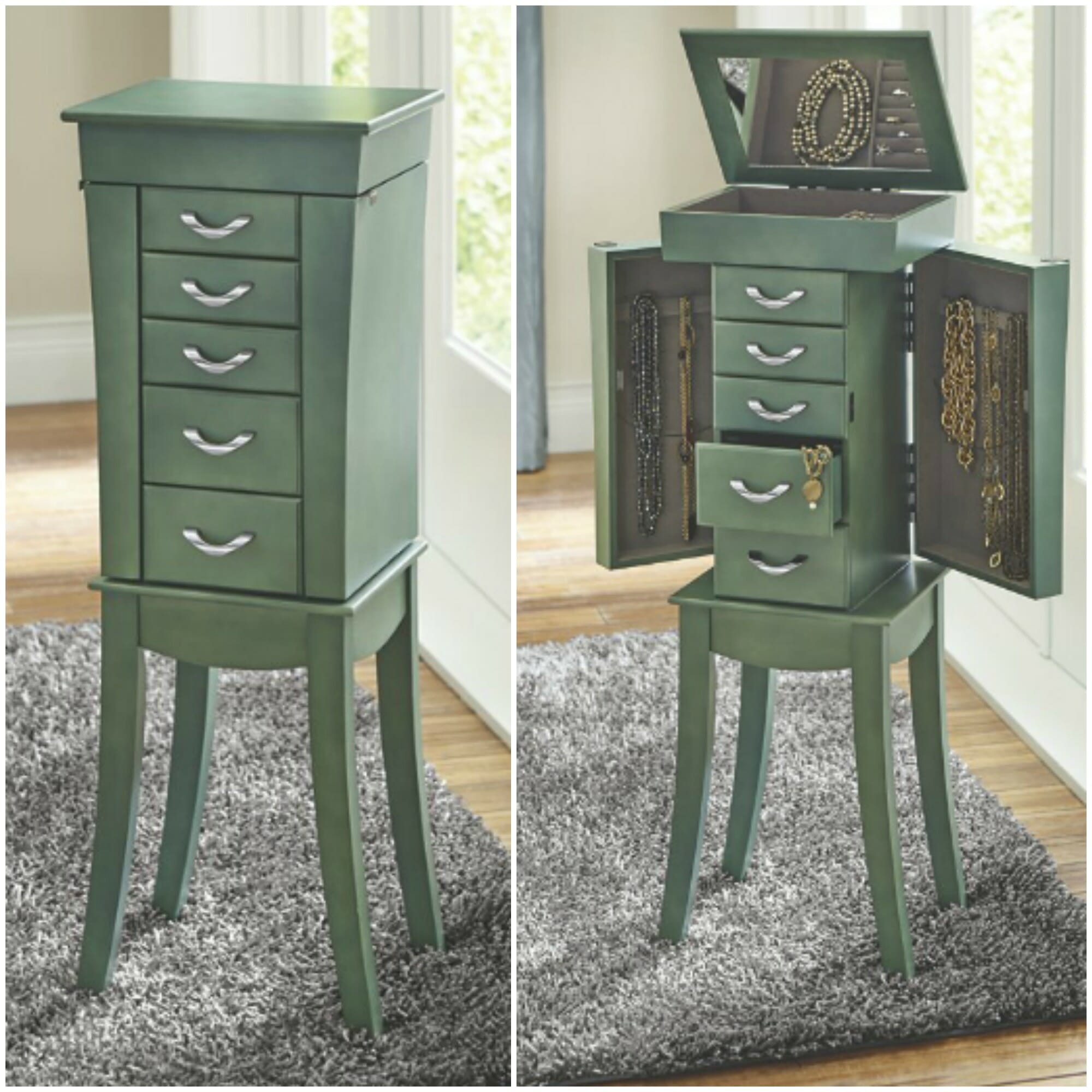 A moss green jewelry armoire, shown with drawers closed and with drawers and mirrored top opened, displaying necklaces.
