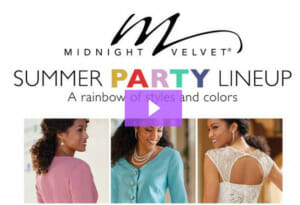 Midnight Velvet Summer PARTY Lineup, a video with three Hispanic women, wearing either pink, teal, or white tops.