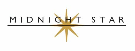 MIDNIGHT STAR, black text on a white background, with an eight point brass color star icon