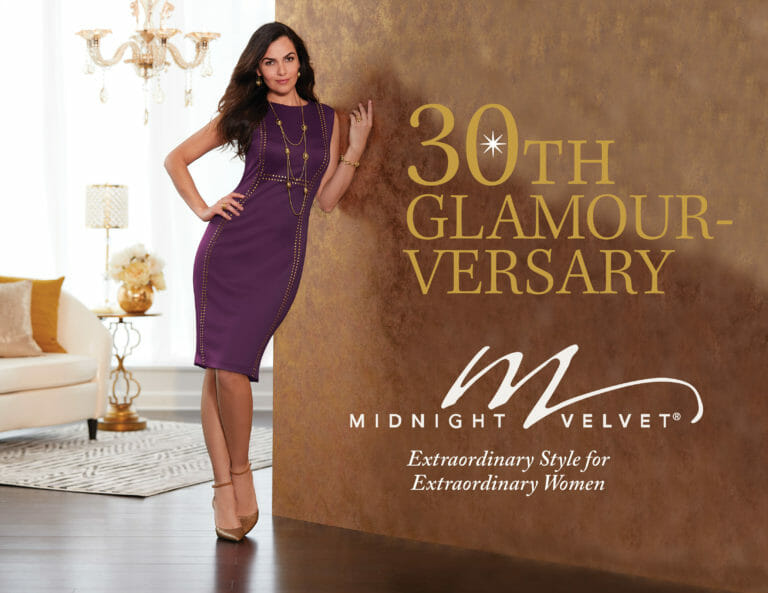 30th Glamour-versary Midnight Velvet, A brunette woman in a short-sleeve fitted purple dress and a long gold chain necklace.