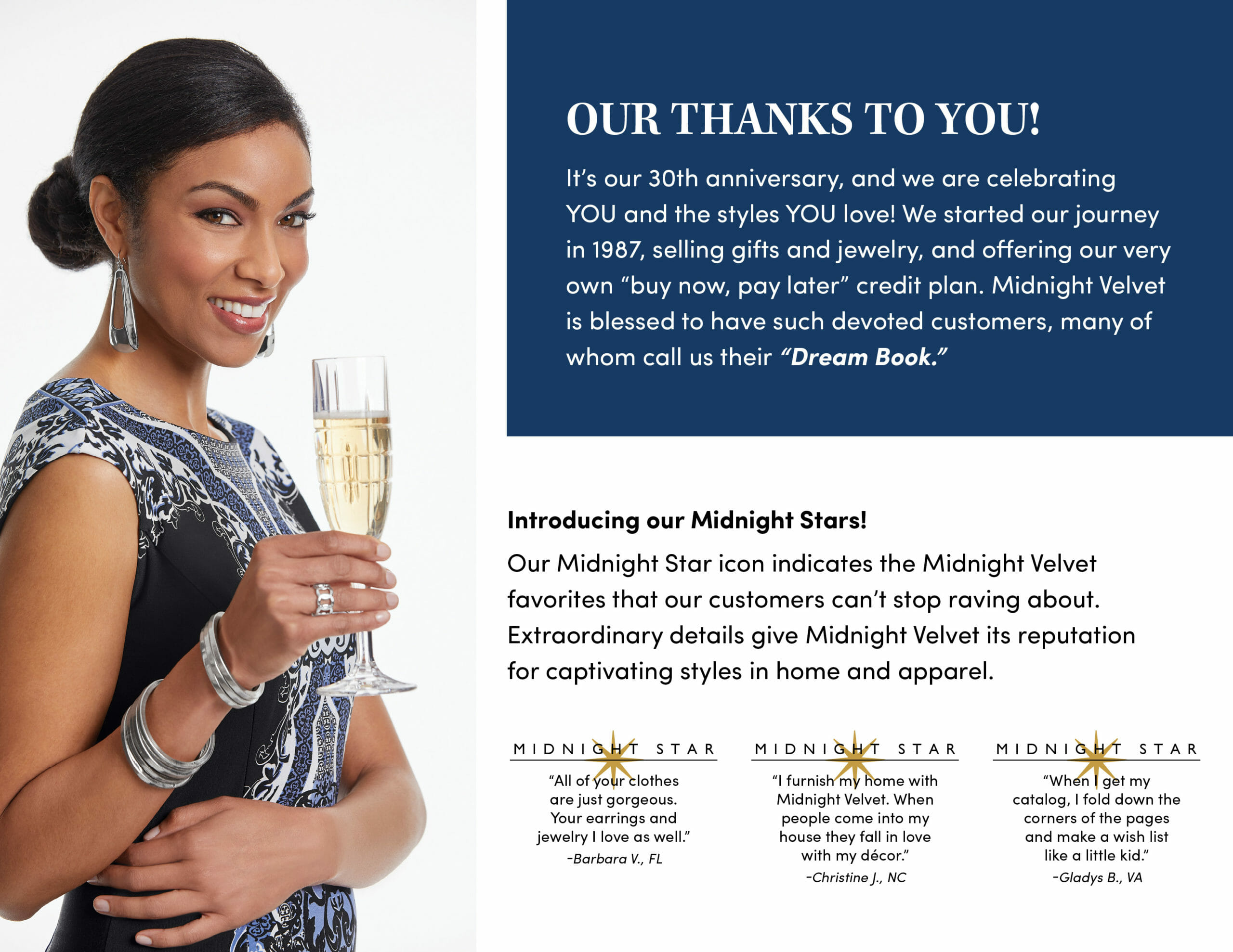 Our Thanks To You! Introducing our Midnight Stars! A smiling black woman in a navy dress, holding a filled champagne glass.