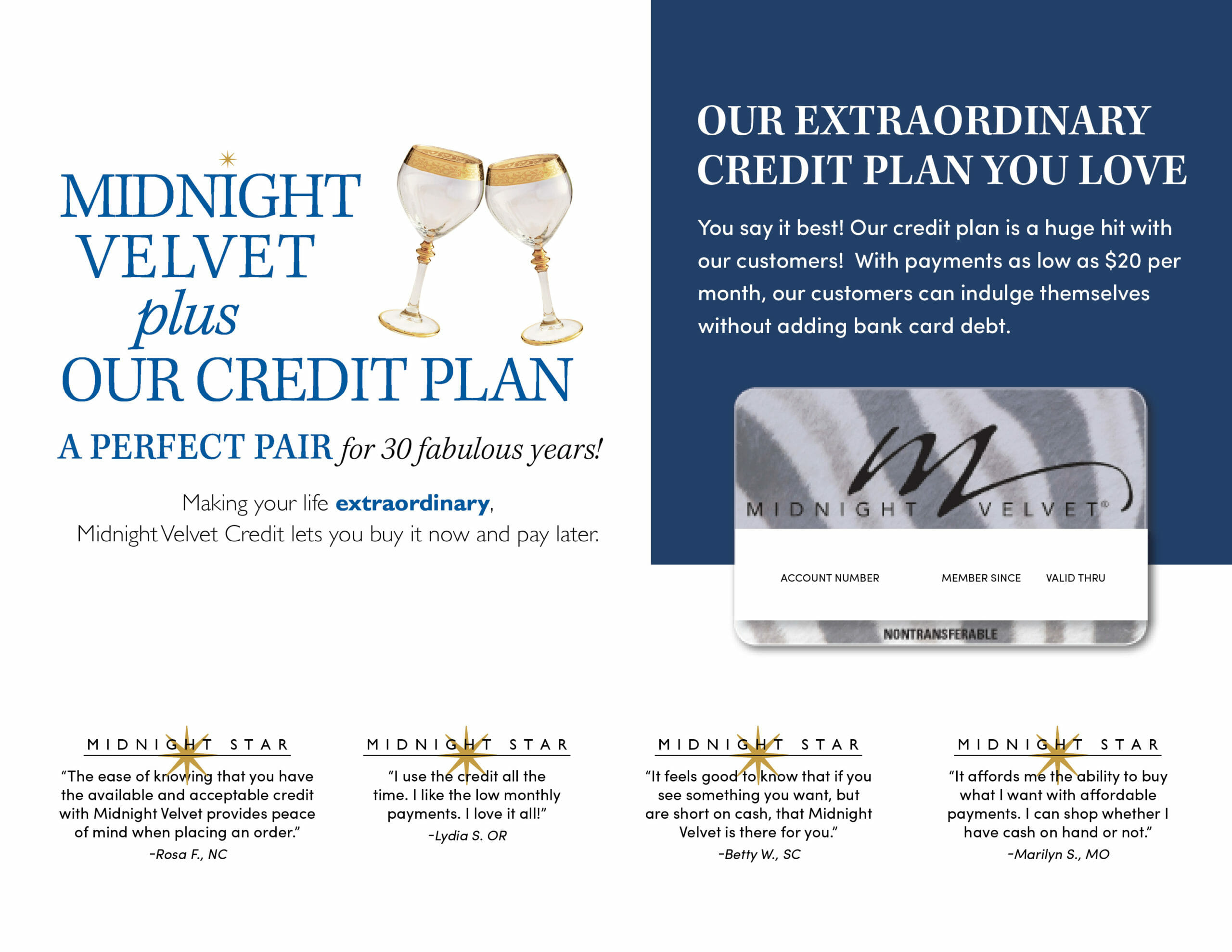 Our Extraordinary Credit Plan You Love, Two clinked wine goblets, a Midnight Velvet credit card, and positive reviews.