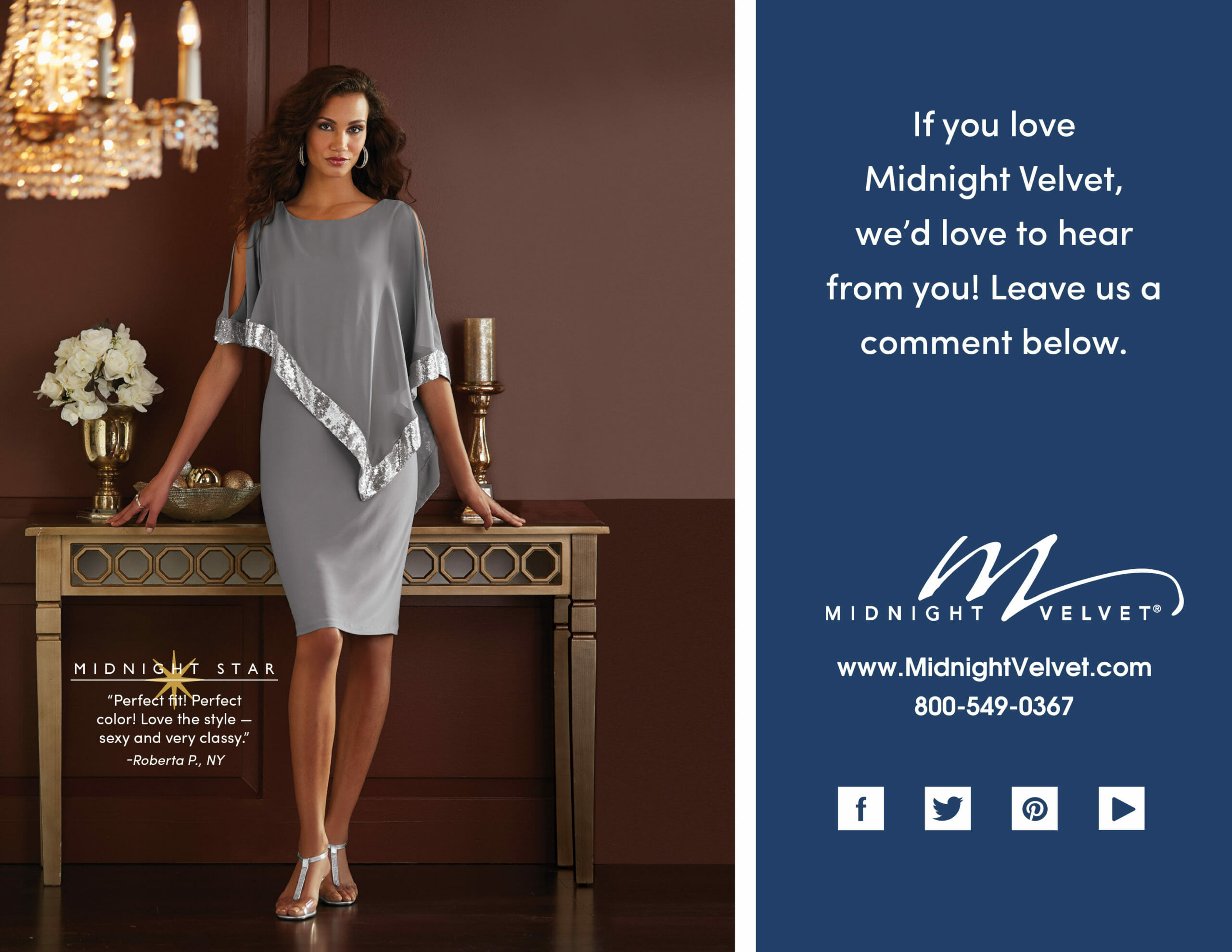 If you love Midnight Velvet, we'd love to hear from you!, A woman by a console with white roses, in a silver and gray dress.