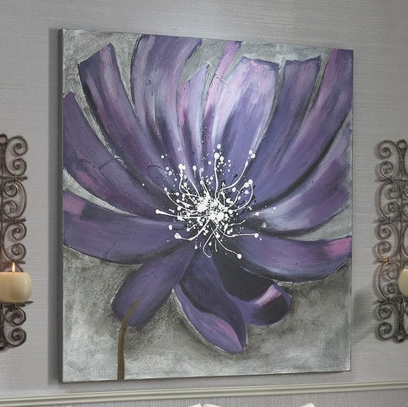 A large square canvas of a stylized purple flower with white stamens, on a silver and gray background.