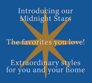Introducing our Midnight Stars, The favorites you love!, on a blue background with an eight pointed gold star.
