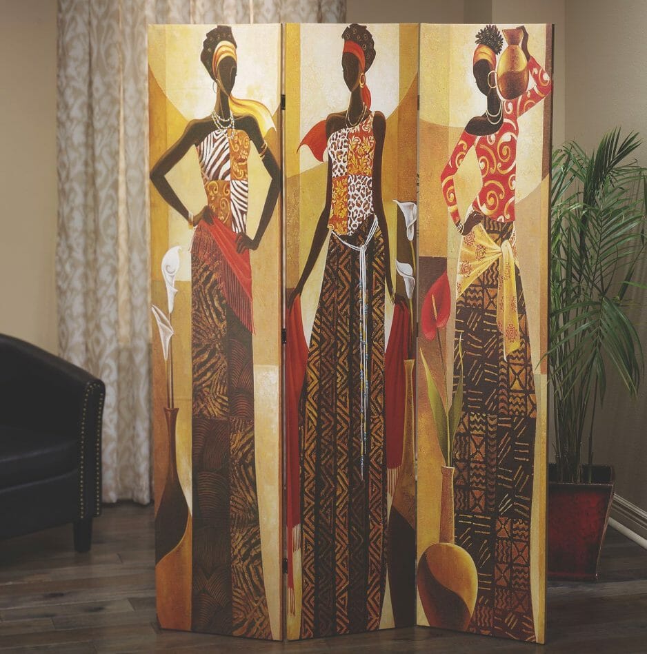 A three panel room screen, with three Afrocentric women in animal prints and red, gold, white, brown, and yellow.