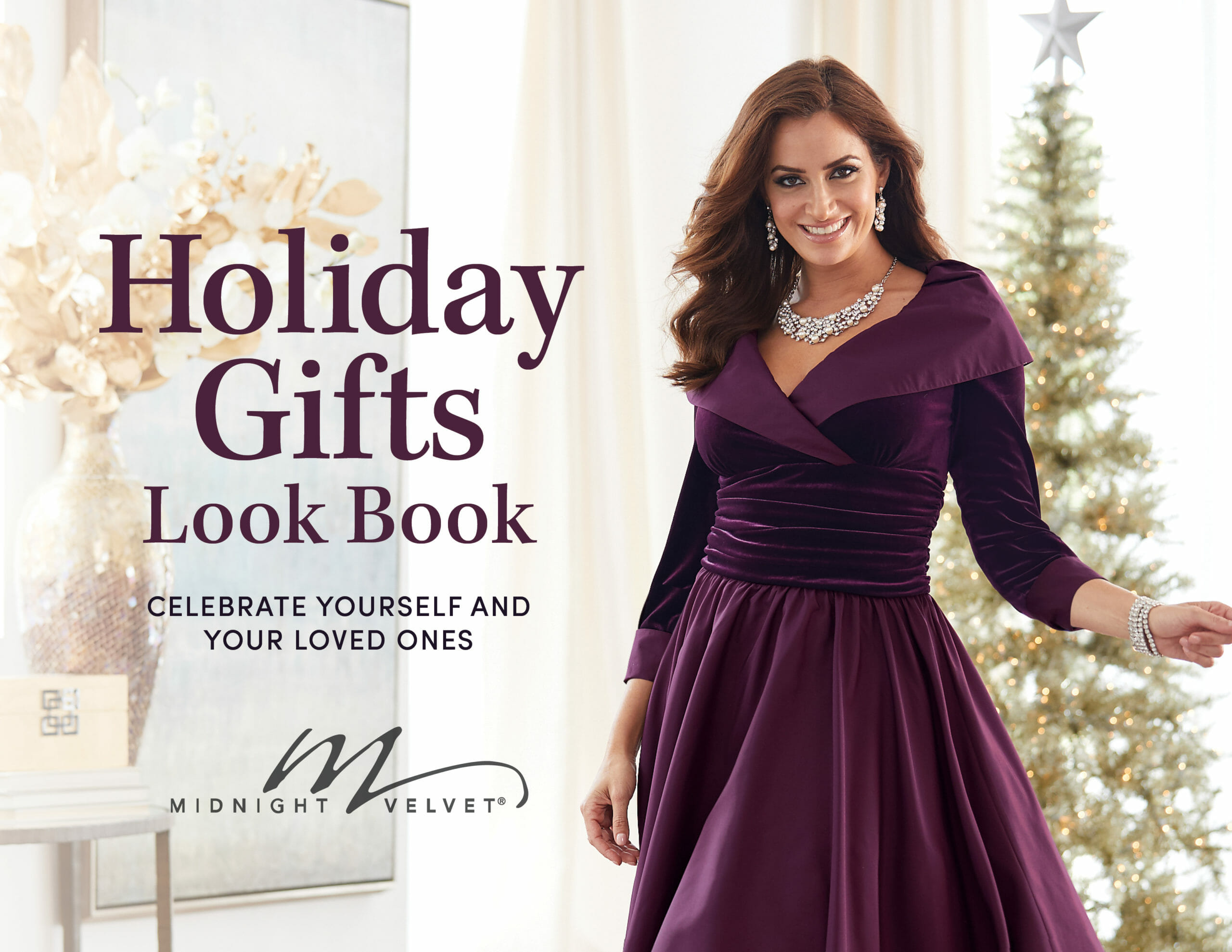 Midnight Velvet Holiday Gifts Look Book, A smiling woman in a formal plum full-skirted dress with a wide collar.