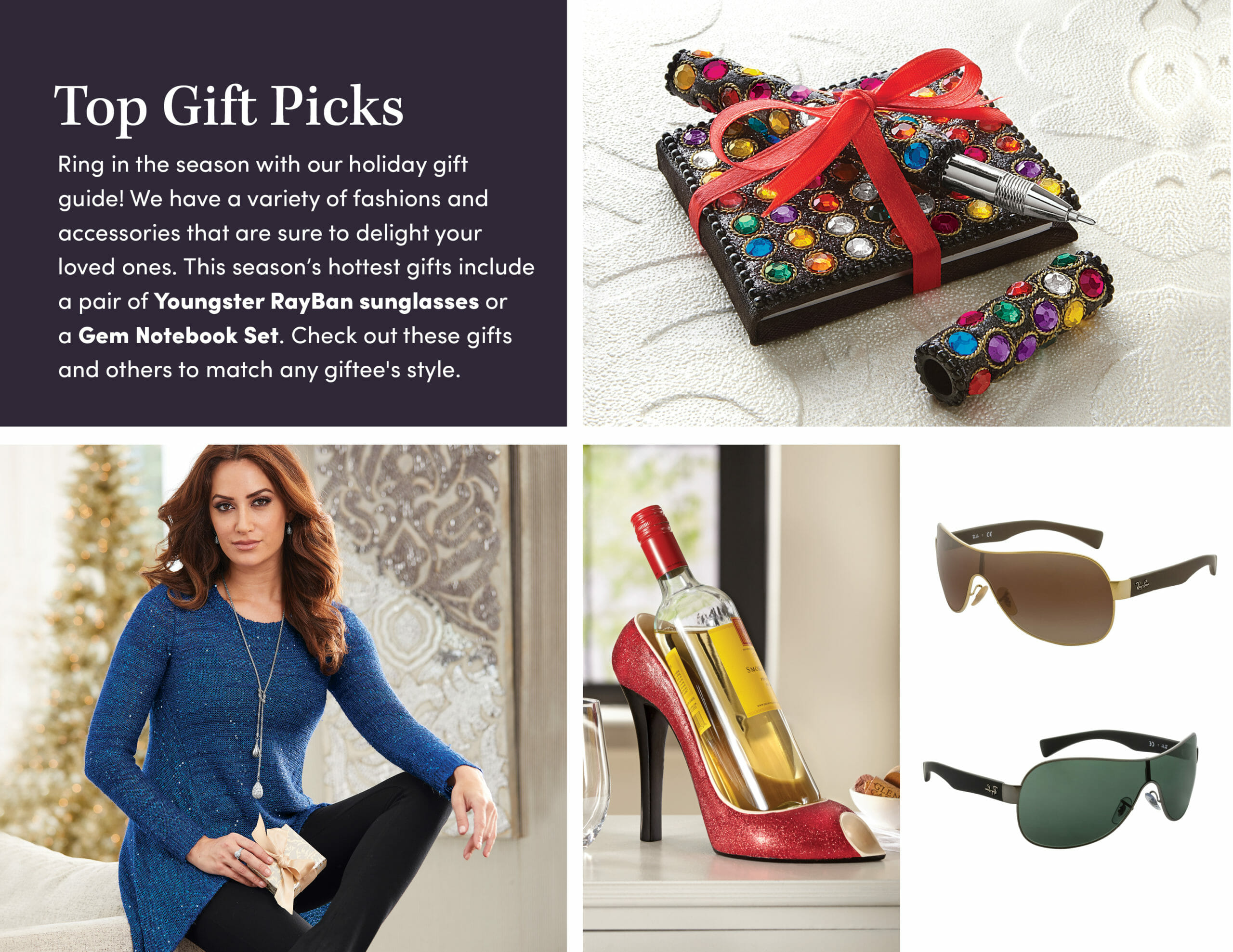 Top Gift Picks, A jeweled notebook and pen set, a woman in a blue sweater, a stiletto holding a wine bottle, sunglasses.