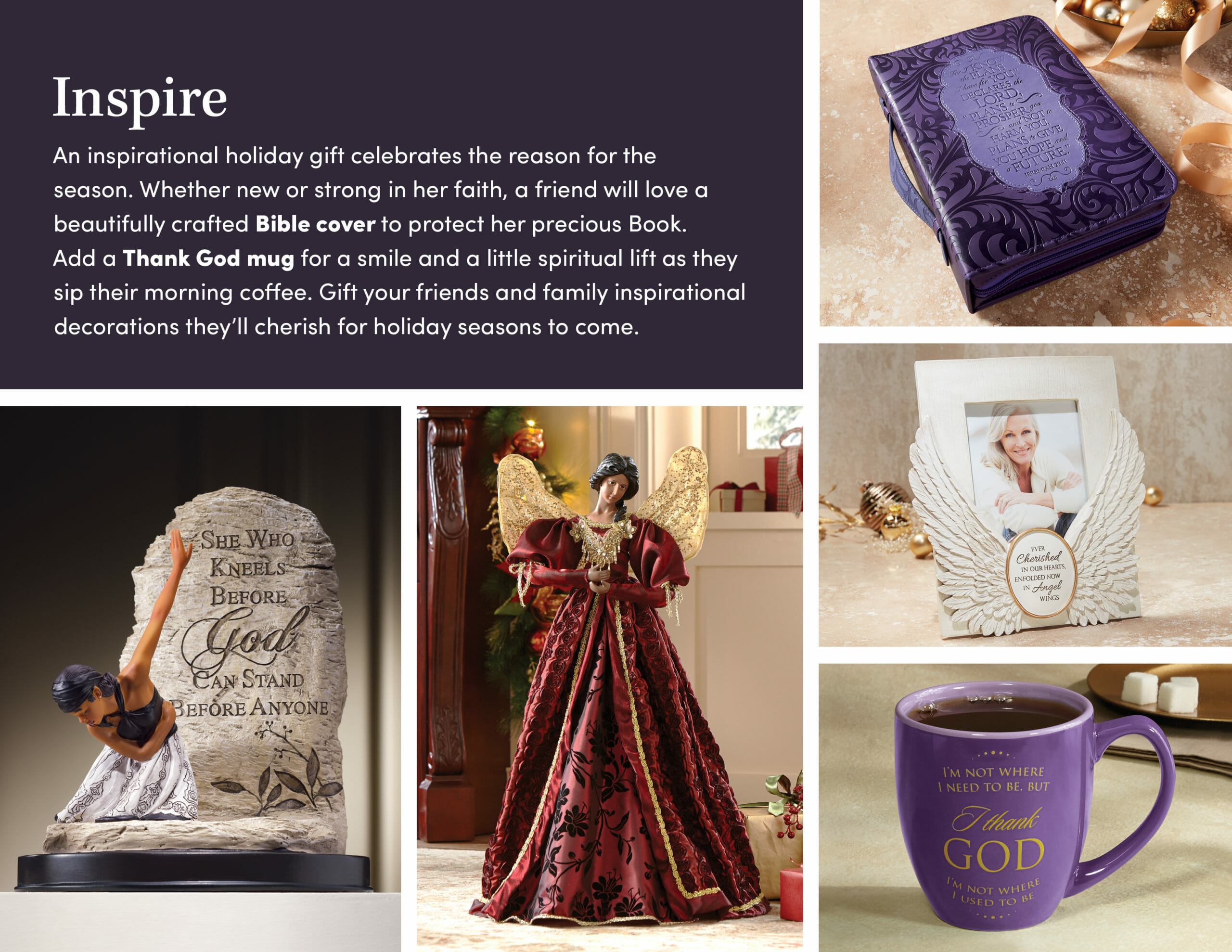 Inspire, A purple Bible cover, a kneeling woman figurine, an angel in red robes, an angel wing frame, a purple and gold mug.