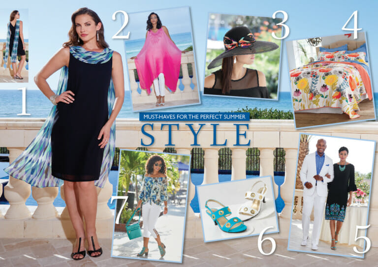 Must-Haves For The Perfect Summer Style, with seven snapshots of women's fashions, bedding, and a man in a white suit.