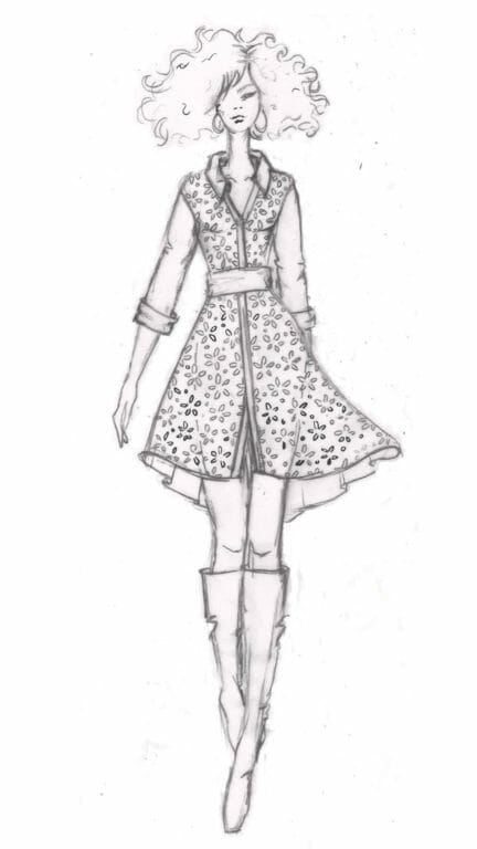 Pencil sketch of a woman wearing a belted cutwork button-shirt tunic with an asymmetrical hem, and tall boots.