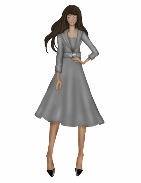 A color sketch of an elegant gray jacket dress with a rhinestone double jacket clasp.